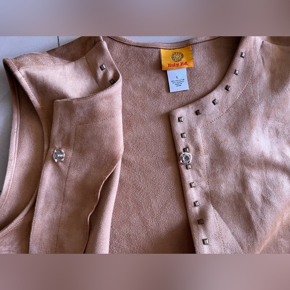 Ruby Rd Suede Fringe Studded tunic Women Brown Faux Open Front Western Regular L - Picture 13 of 16